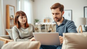 Een man en vrouw bespreken behangrenovatie in gezellige woonkamer.
