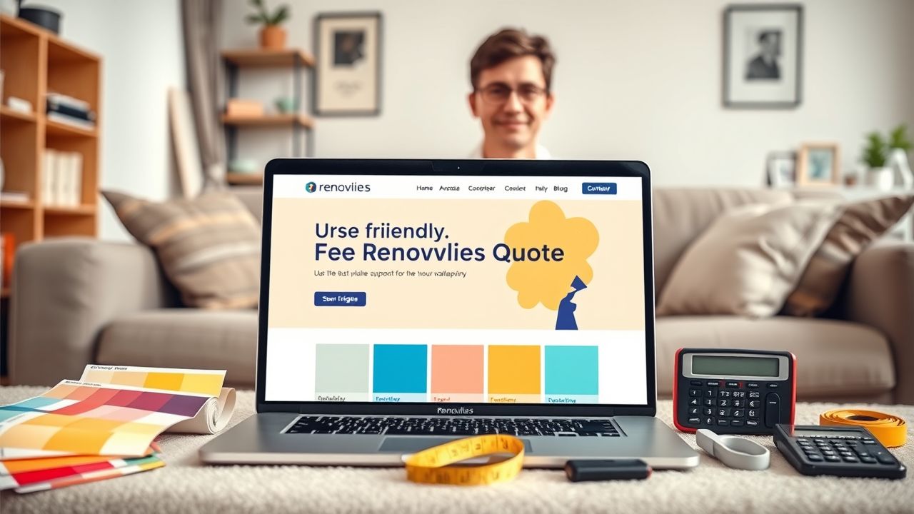 Een open laptop met een gebruiksvriendelijke website voor het aanvragen van een gratis offerte voor Renovlies. Een open laptop met een gebruiksvriendelijke website voor het aanvragen van een gratis offerte voor Renovlies.