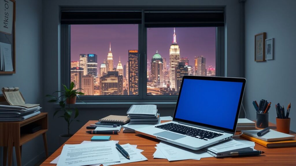 Een open laptop op een rommelig bureau in een stedelijke thuiskantooromgeving.