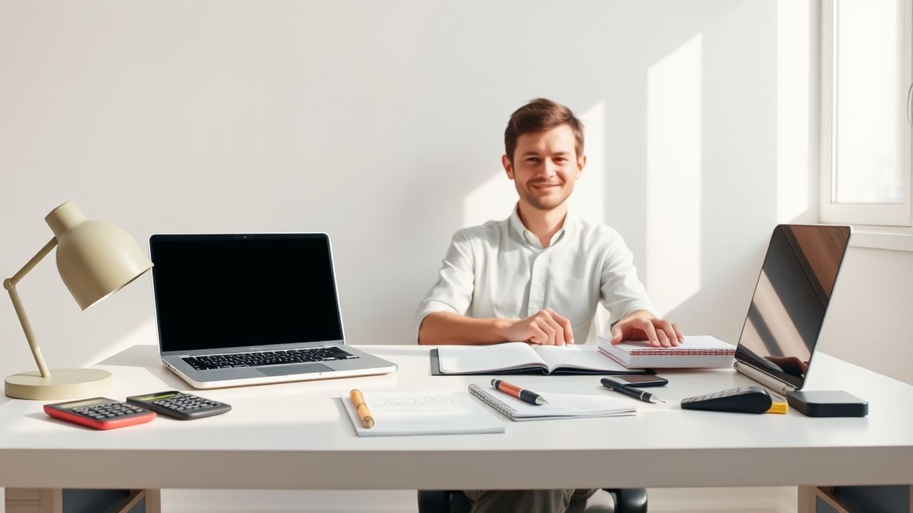 Een opgeruimde werkplek met laptop, notitieblok en calculators.