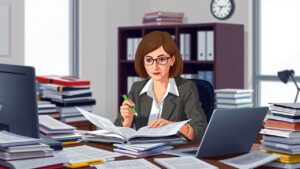 Een drukke, professionele vrouw die een gedetailleerd voorstel bekijkt.