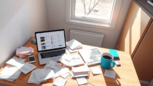 Een rommelig bureau met open laptop en koffiemok in daglicht.