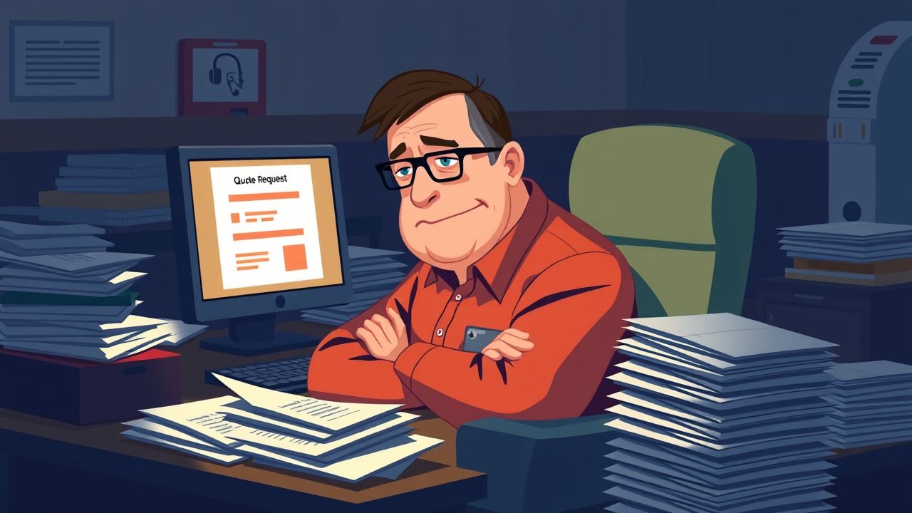 Een vermoeide, overweldigde persoon zit aan een rommelig bureau.