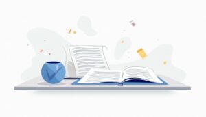 Een minimalistische flat vector illustratie van een open document op een bureau.