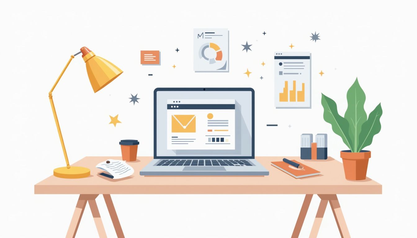 Een moderne werkruimte met minimalistische illustraties in vlakke vectorstijl.