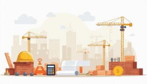 Een minimalistische vector illustratie van een bouwplaats met materialen en gereedschap.