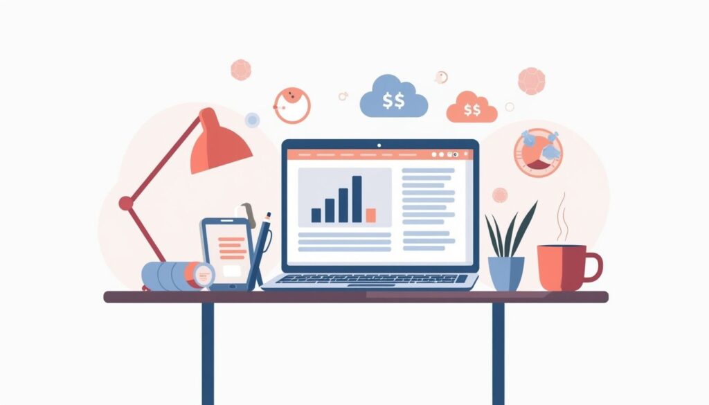 Een minimalistische thuiskantoor bureau met moderne vector illustraties.