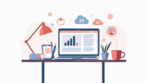 Een minimalistische thuiskantoor bureau met moderne vector illustraties.