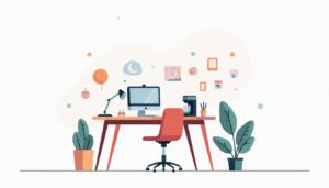 Een minimalistische illustratie van een georganiseerd kantoorbureau met een laptop en koffiemachine.