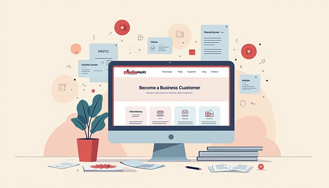 Een minimalistische werkruimte met computer en bedrijfscatalogi.