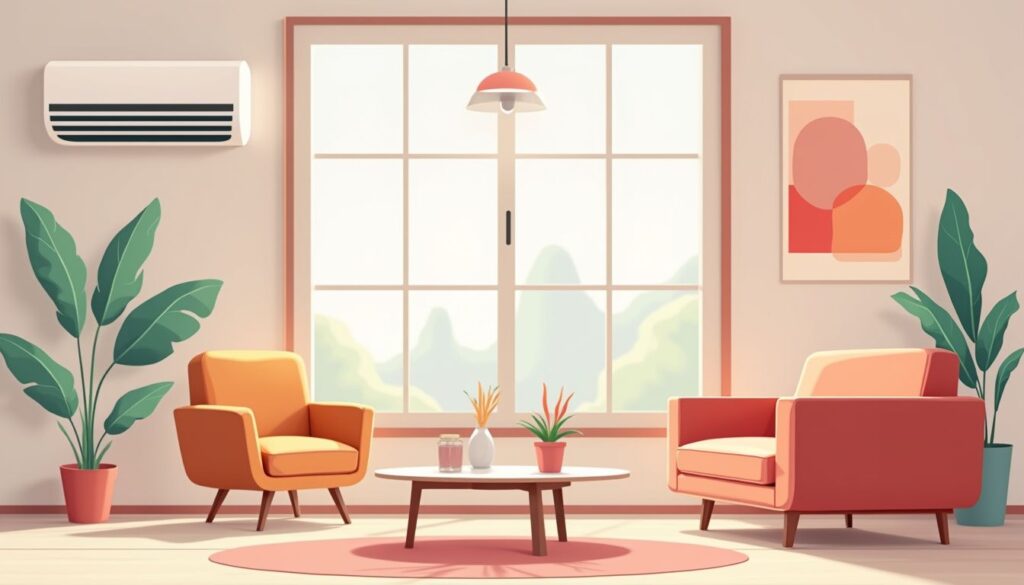 Een minimalistische moderne woonkamer met strakke meubels en abstracte vormen.