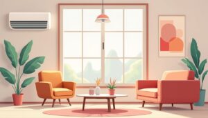 Een minimalistische moderne woonkamer met strakke meubels en abstracte vormen.