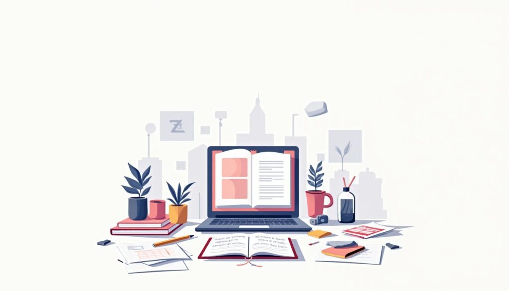 Een minimalistisch bureau met open laptop, notitieboekje en quotes.