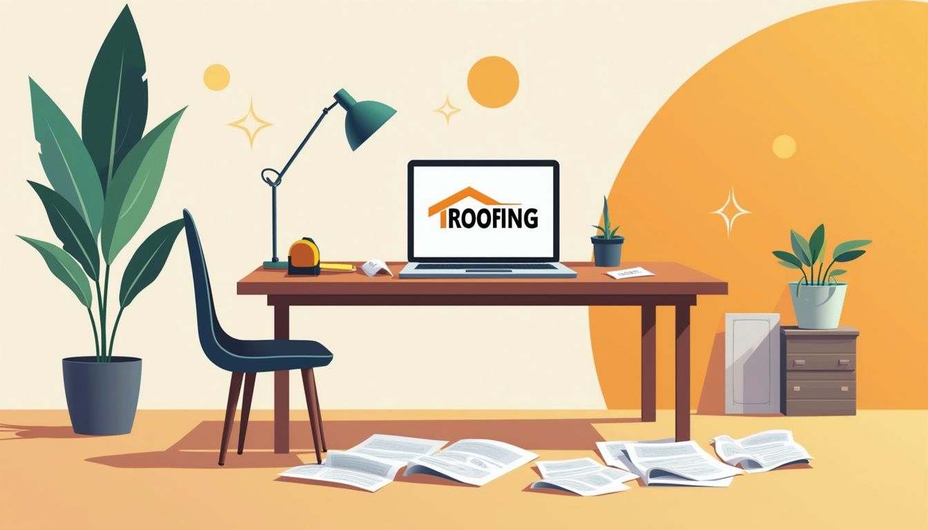 Een minimalistische werkruimte met een open laptop, meetlint en dakmaterialen.