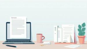 Een minimalistisch bureau met laptop, document en pen in pastelkleuren.