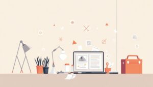 Een minimalistische werkplek met elektricien gerelateerde items en een slordige maar moderne uitstraling.