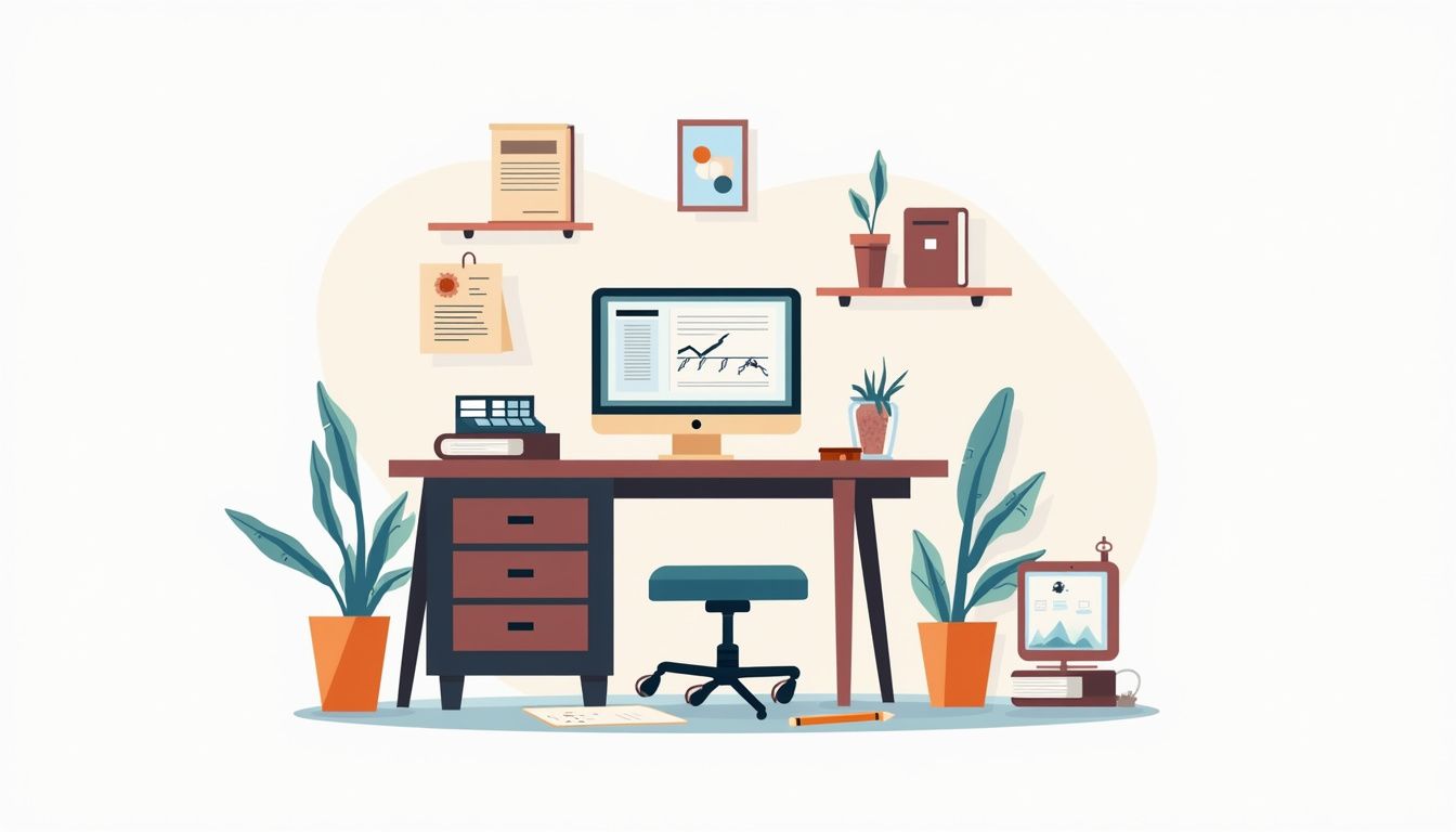 Een minimalistische illustratie van een rommelig bureau met geometrische vormen.