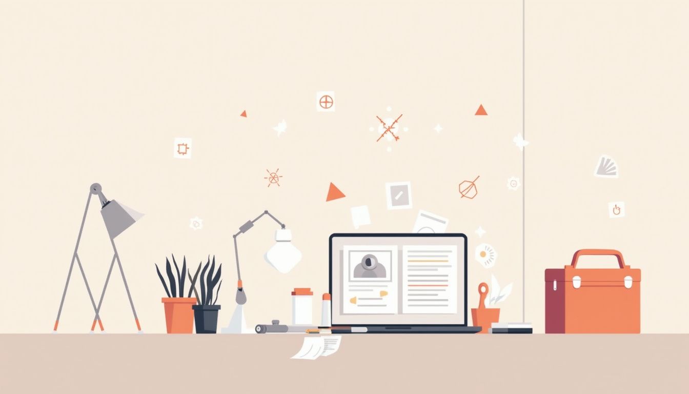 Een minimalistische werkplek met elektricien gerelateerde items en een slordige maar moderne uitstraling.