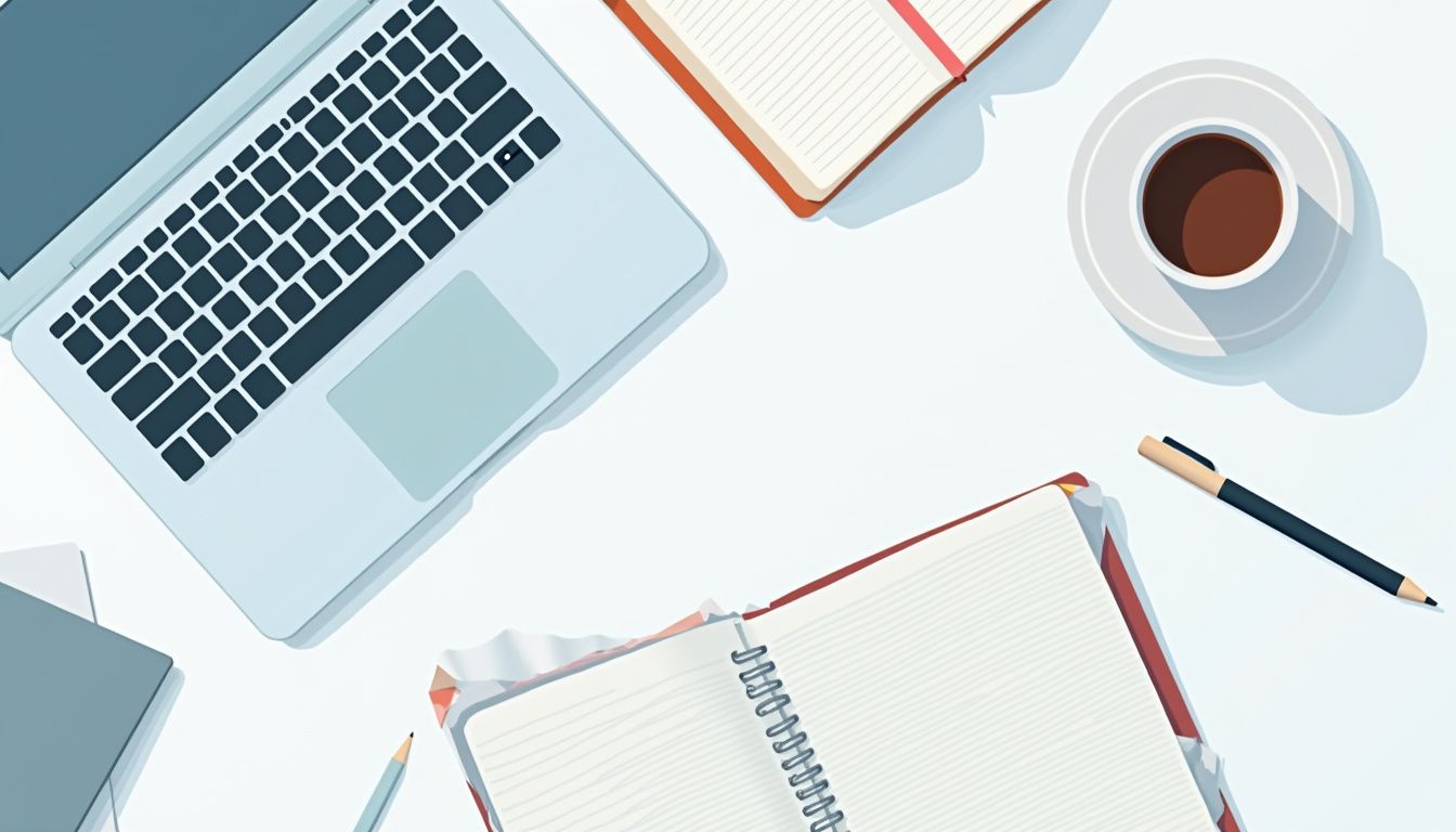 Een georganiseerd modern bureau met laptop, notitieboek, pen en voorstel template.