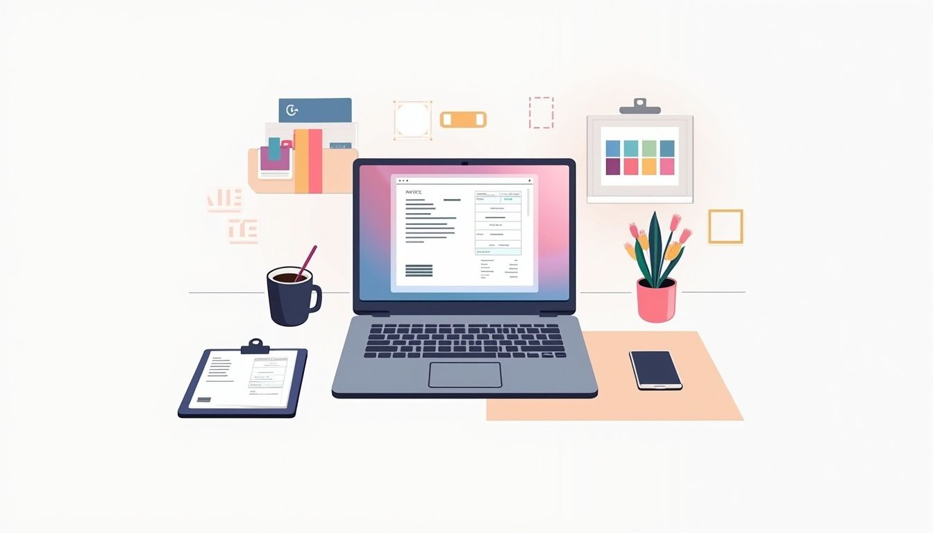 Een minimalistische vectorillustratie van een goed georganiseerd grafisch ontwerpbureau.