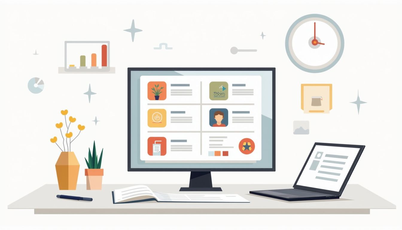 Een platte vectorillustratie van een moderne werkruimte op een bureau.