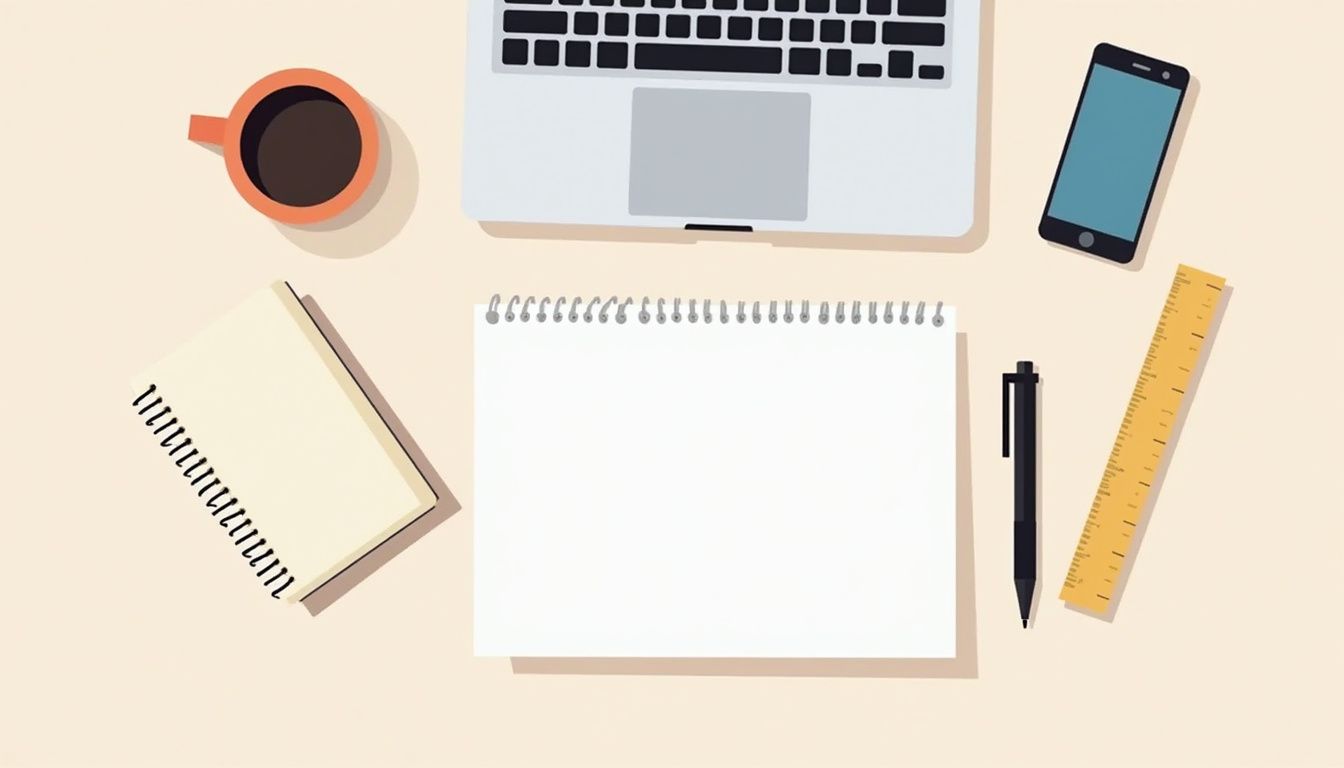 Een moderne kantoorwerkplek in een strakke, minimalistische flat design illustratie.