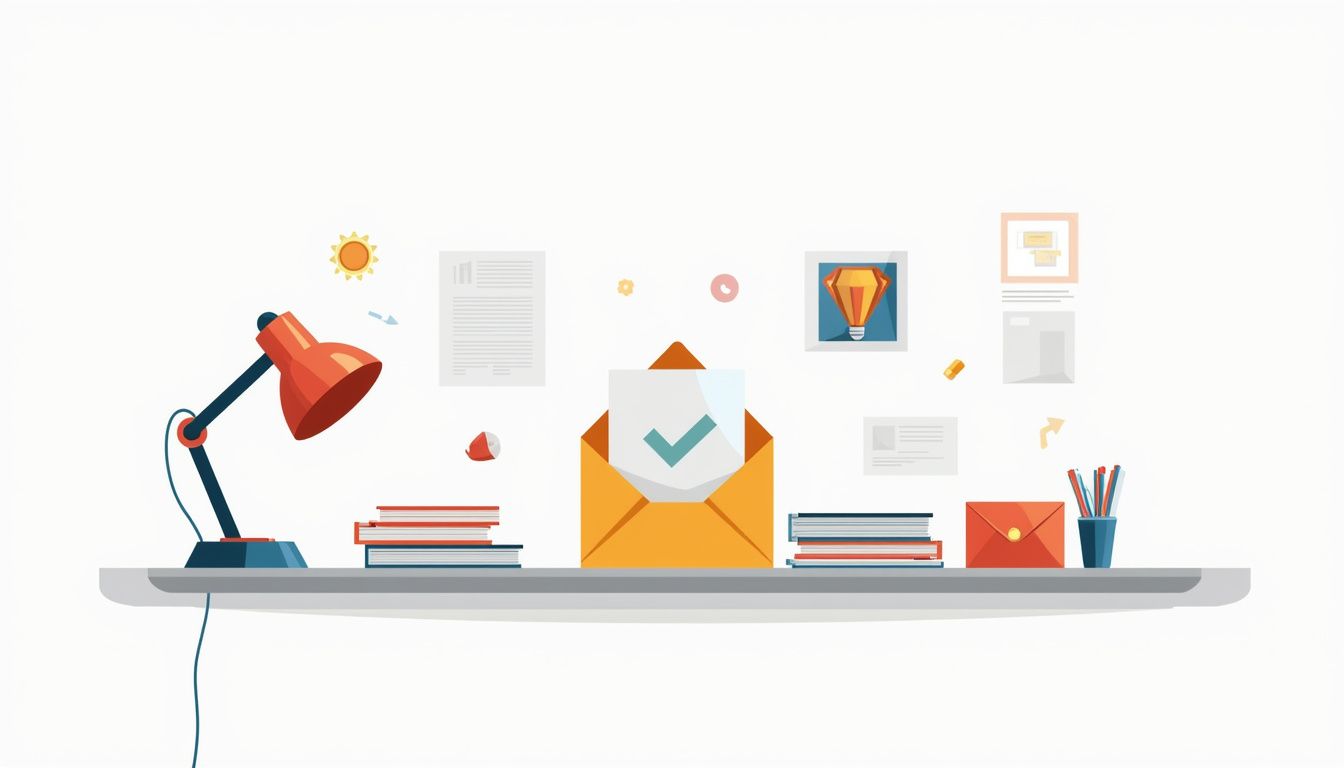 Een minimalistische kantoorbureau illustratie met rommel en een gesloten envelop. Een minimalistische kantoorbureau illustratie met rommel en een gesloten envelop.