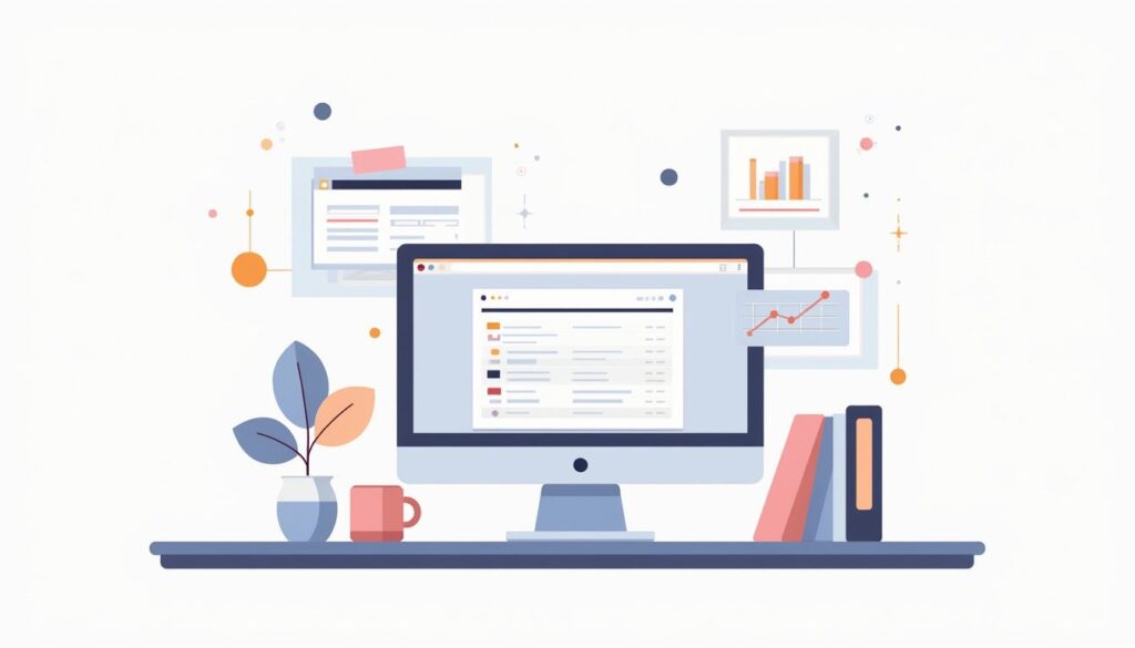Een minimalistische vector illustratie van een modern kantoor bureau.