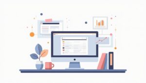 Een minimalistische vector illustratie van een modern kantoor bureau.
