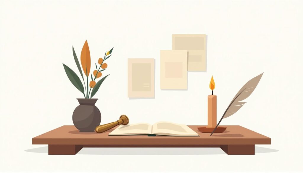 Een minimalistische houten bureau met vintage schrijfbenodigdheden en kaars.