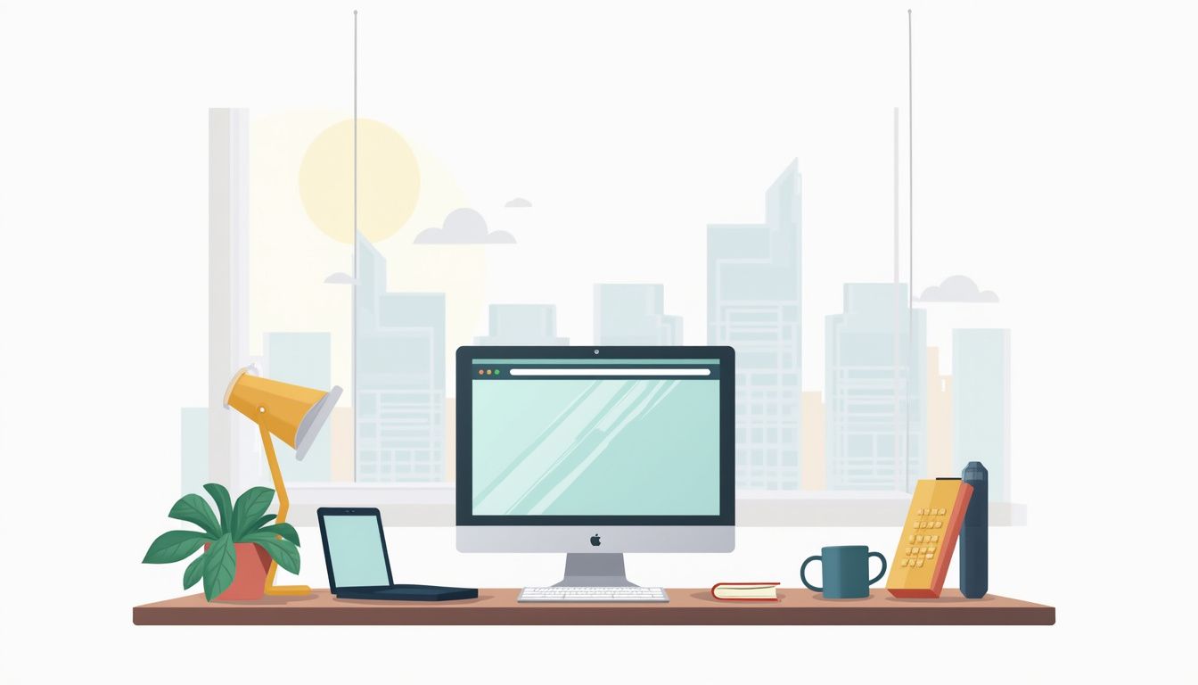 Een minimalistische vectorillustratie van een opgeruimd bureau in een stedelijke omgeving. Een minimalistische vectorillustratie van een opgeruimd bureau in een stedelijke omgeving.