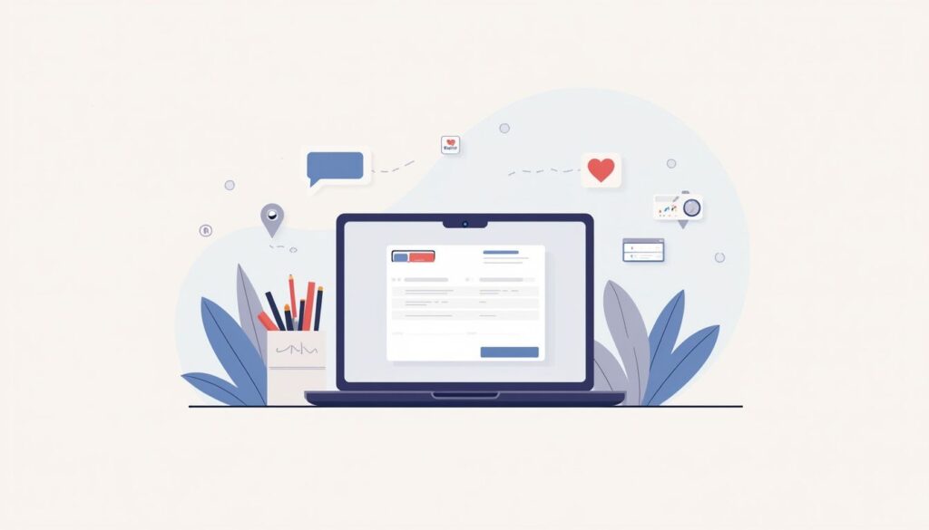 Een minimalistische vectorafbeelding van een open laptop met factuur en kantoorbenodigdheden.