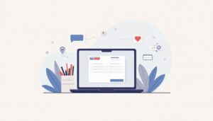 Een minimalistische vectorafbeelding van een open laptop met factuur en kantoorbenodigdheden.