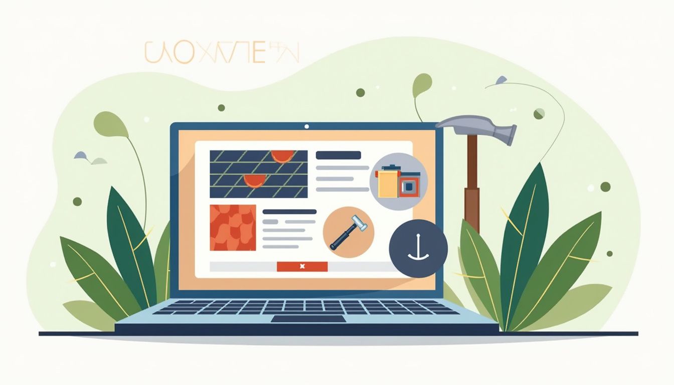 Een platte vectorillustratie van een open laptop met een website voor het aanvragen van offertes voor dakbedekking.