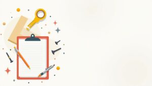 Een vlakke vectorillustratie van een open notitieblok en pen, omgeven door bouwmateriaal en gereedschap.