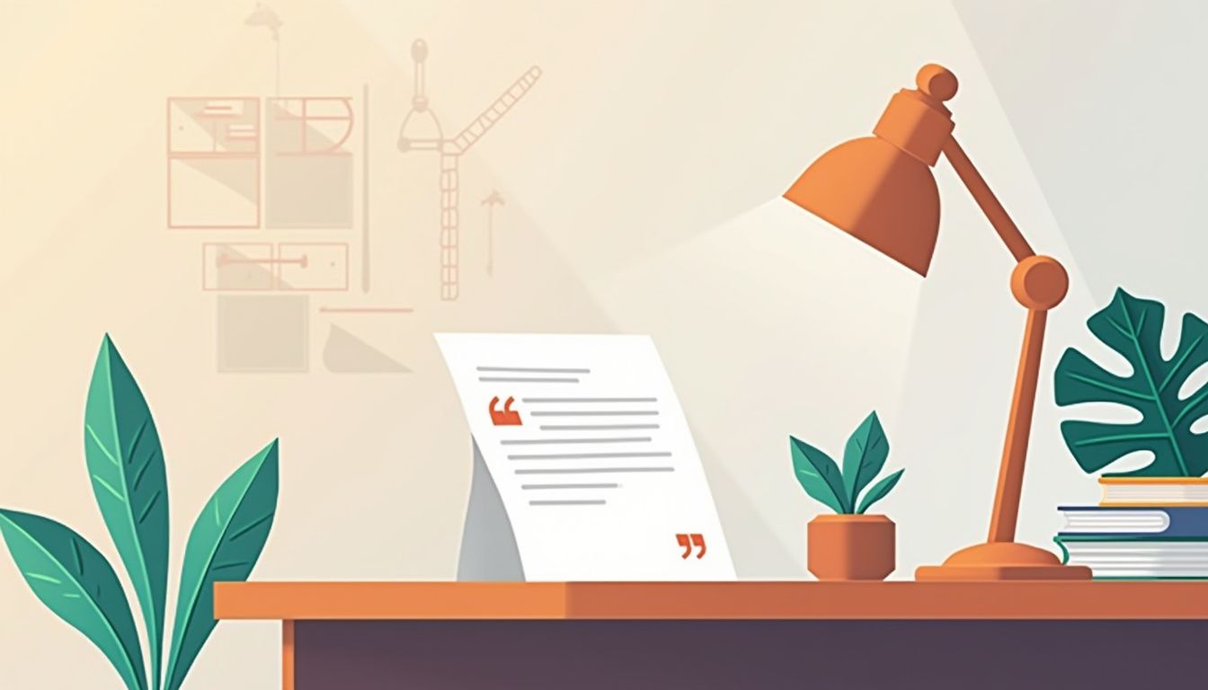 Een minimalistische illustratie van een open citaat op een houten bureau.