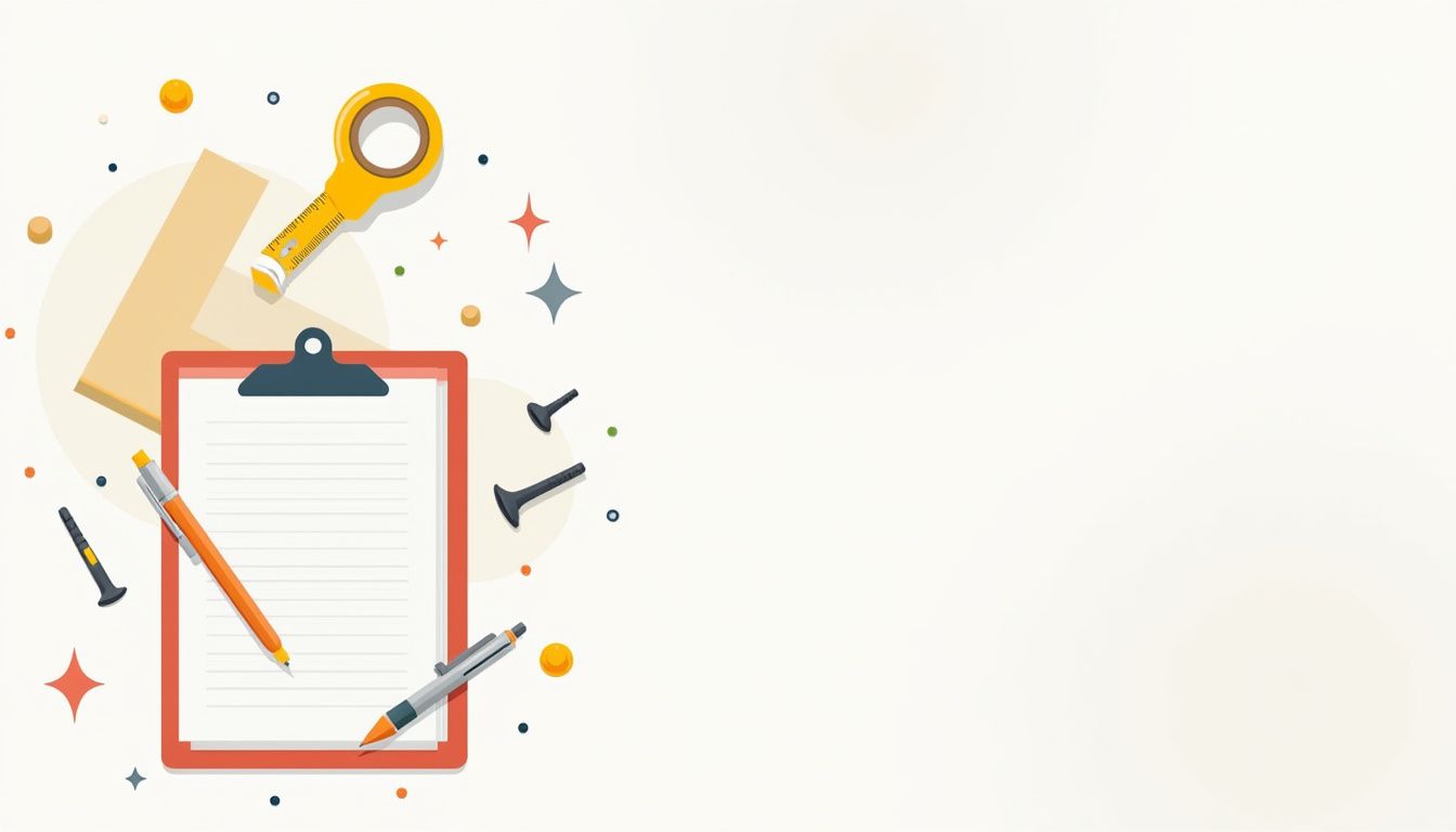 Een vlakke vectorillustratie van een open notitieblok en pen, omgeven door bouwmateriaal en gereedschap.