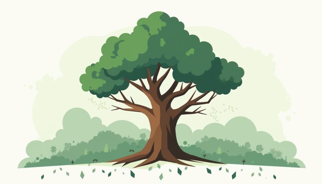 Een flat vector illustratie van een oude, sterke boom in een rustig bos.