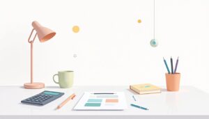 Een minimalistisch kantoorbureauscène met budgetbeheer thema in zachte kleuren.