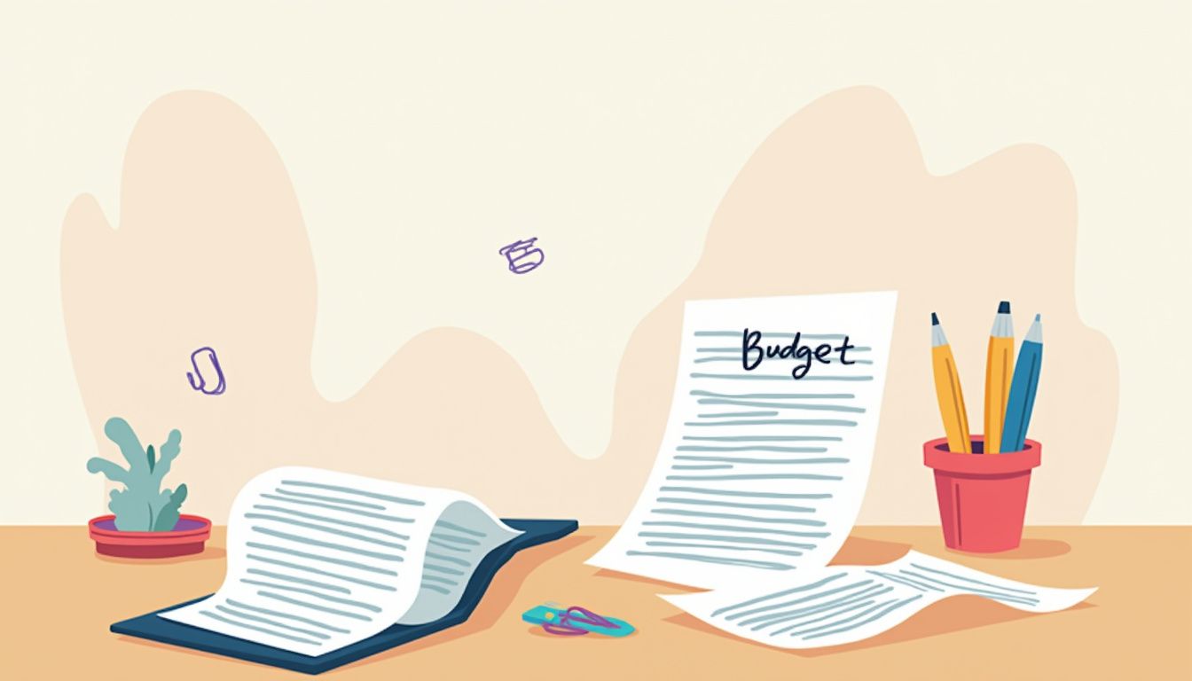 Een minimalistisch kantoorbureau met kleurrijke iconen en papieren.