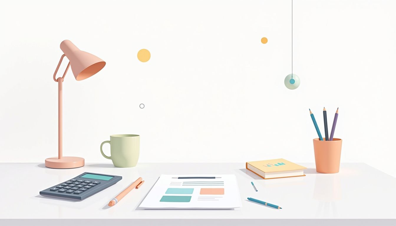 Een minimalistisch kantoorbureauscène met budgetbeheer thema in zachte kleuren.