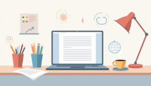 Een minimalistische illustratie van een modern kantoorbureau met een laptop en koffie.