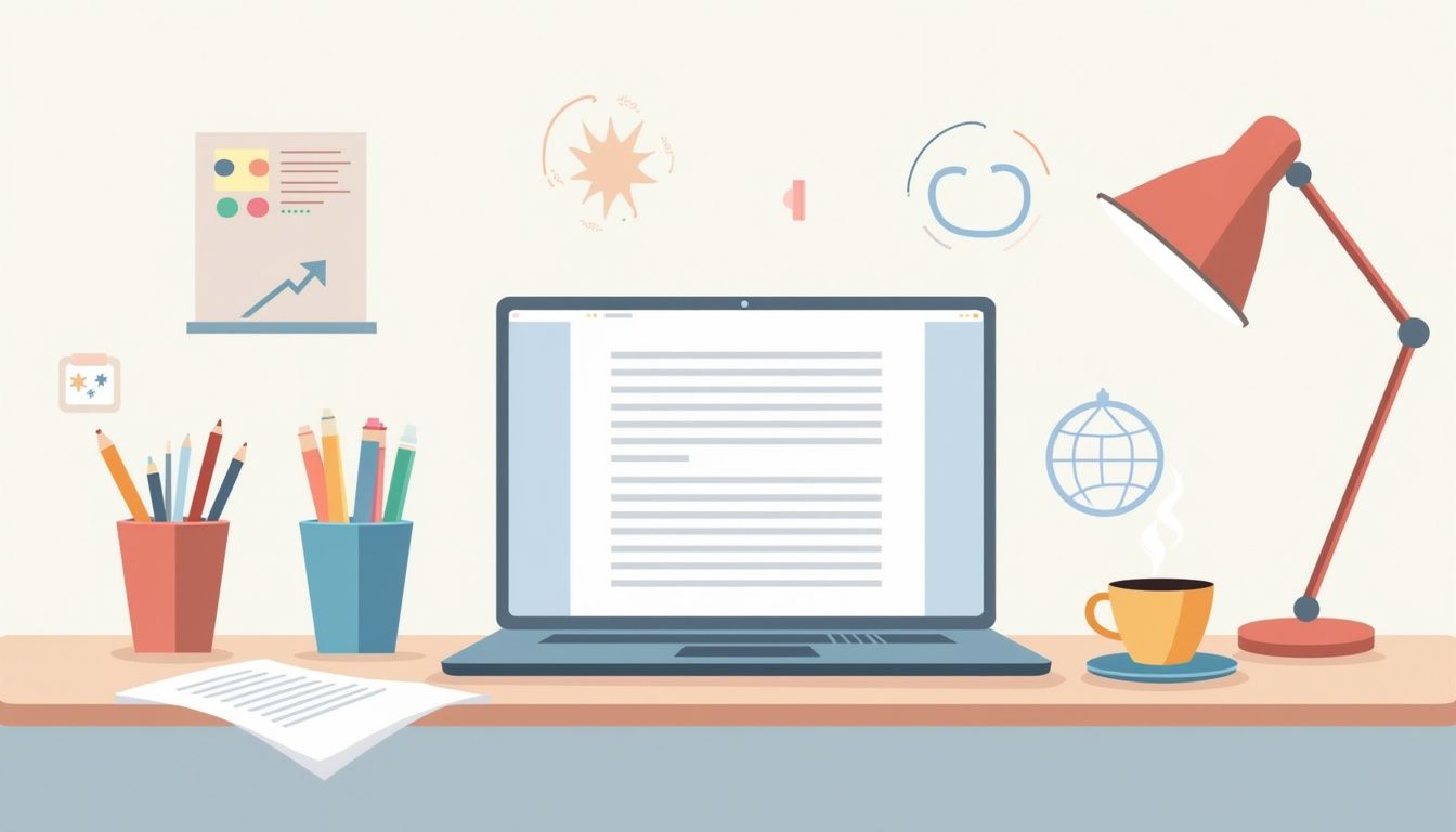 Een minimalistische illustratie van een modern kantoorbureau met een laptop en koffie.