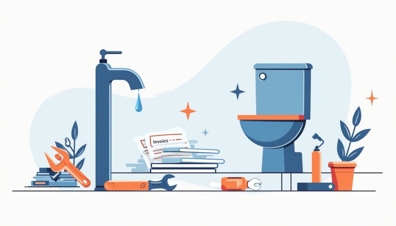 Een minimalistische vector illustratie van een badkamerscène met een druppelende kraan en loodgieterstools.