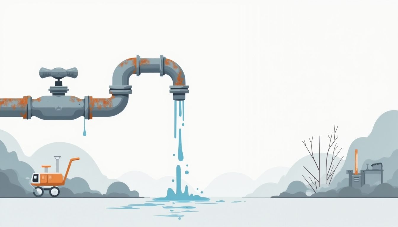 Een minimalistische illustratie van een roestige lekkende pijp in een kelderomgeving.