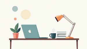 Een minimalistische werkplek met laptop, koffiemok en boeken.