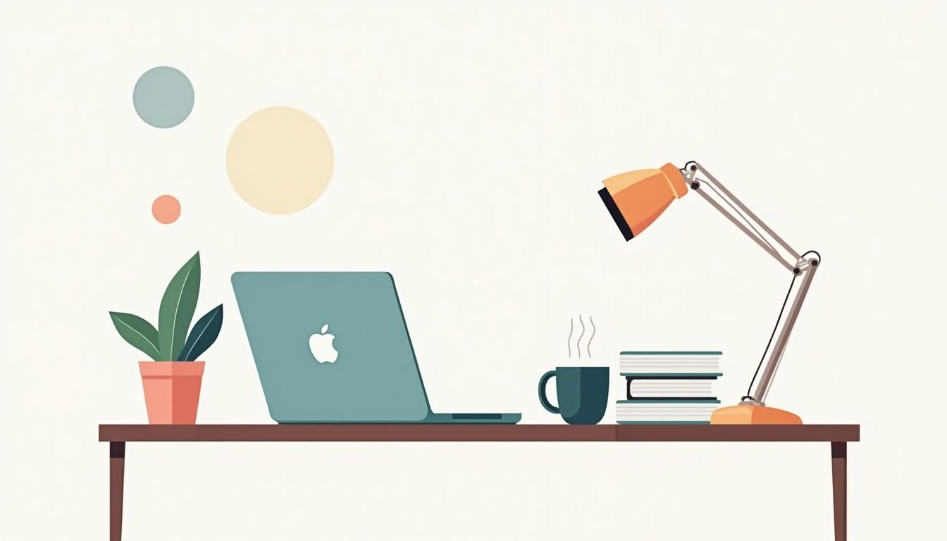 Een minimalistische werkplek met laptop, koffiemok en boeken.