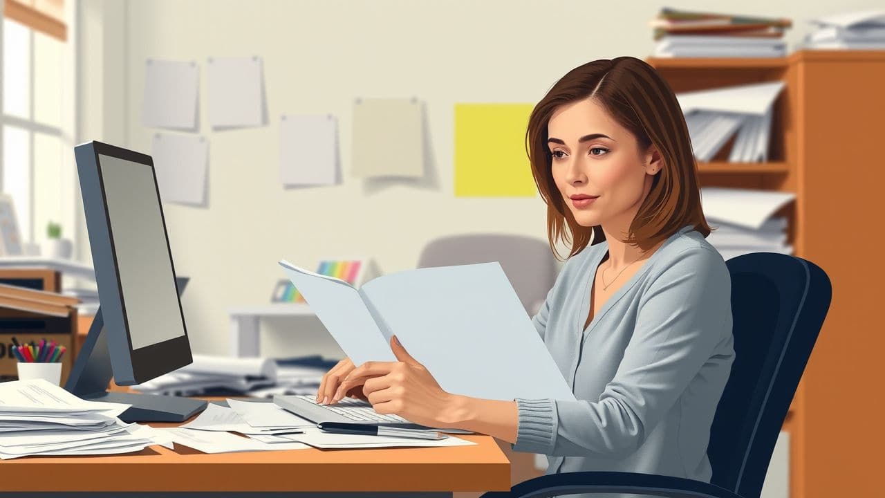 Een vrouw leest een e-mail met de titel 'Accepteren van een offerte' in een rommelige werkruimte.